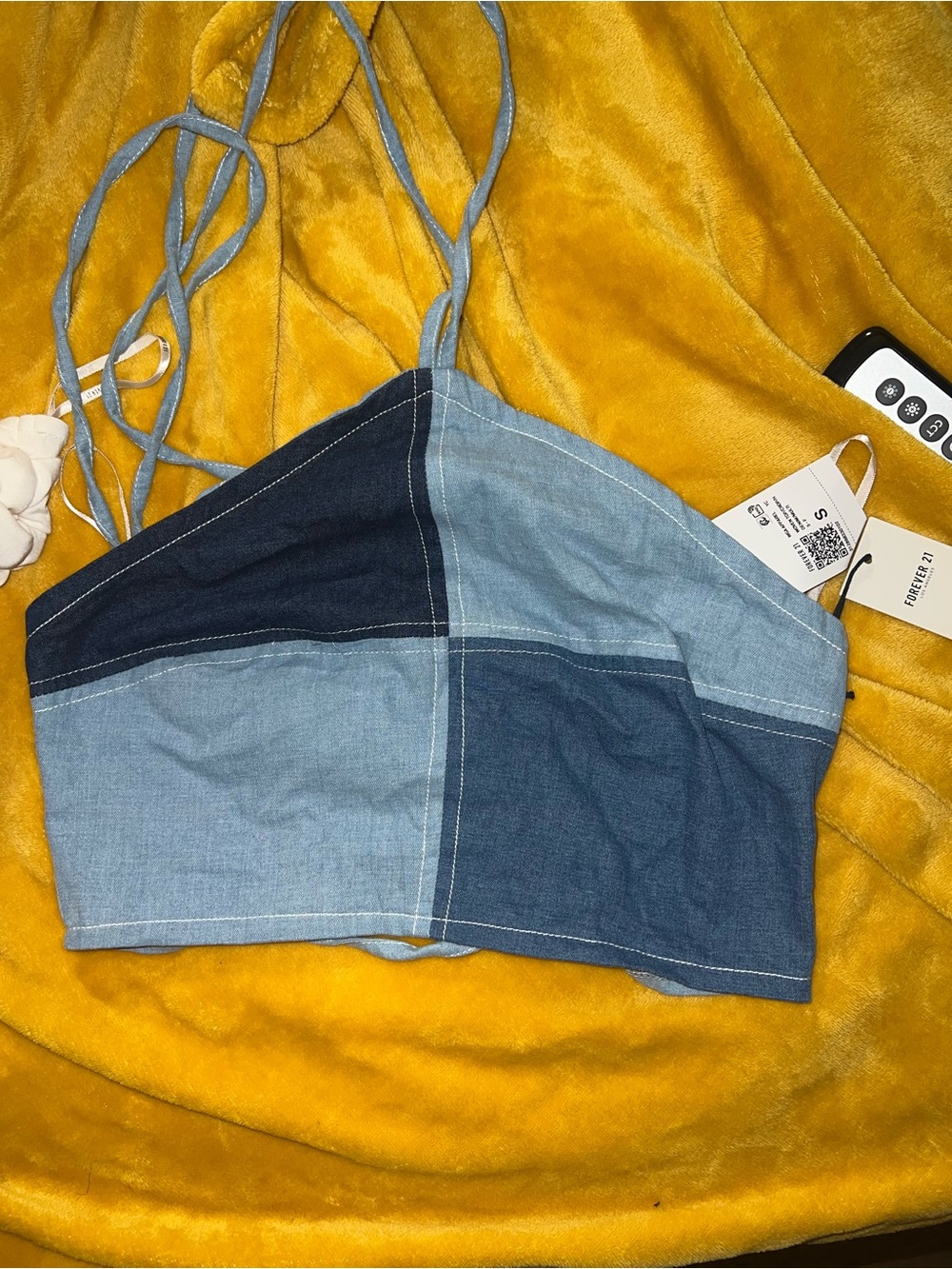 Forever 21 Blue Patchwork Denim Crop Top